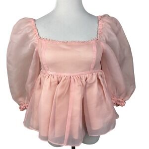 Mable Roselyn Tulle Babydoll Top M Pink Puff Sleeve Coquette NWT